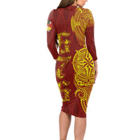 Tonga 676 Ngatu Tribal Tattoo Long Sleeve Bodycon Dress LT03 - Polynesian Pride