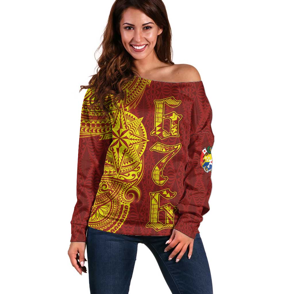 Tonga 676 Ngatu Tribal Tattoo Off Shoulder Sweater LT03 Women Red - Polynesian Pride