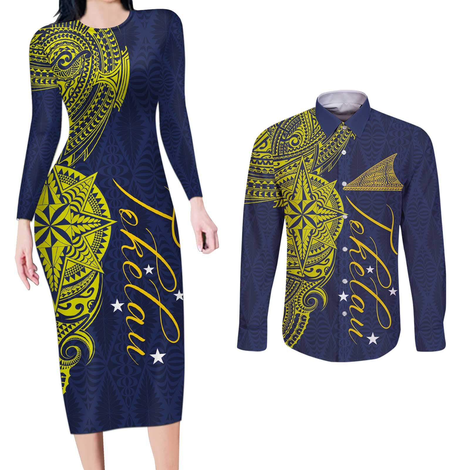 Personalised Tokelau Classic Ngatu Motifs Couples Matching Long Sleeve Bodycon Dress and Long Sleeve Button Shirt