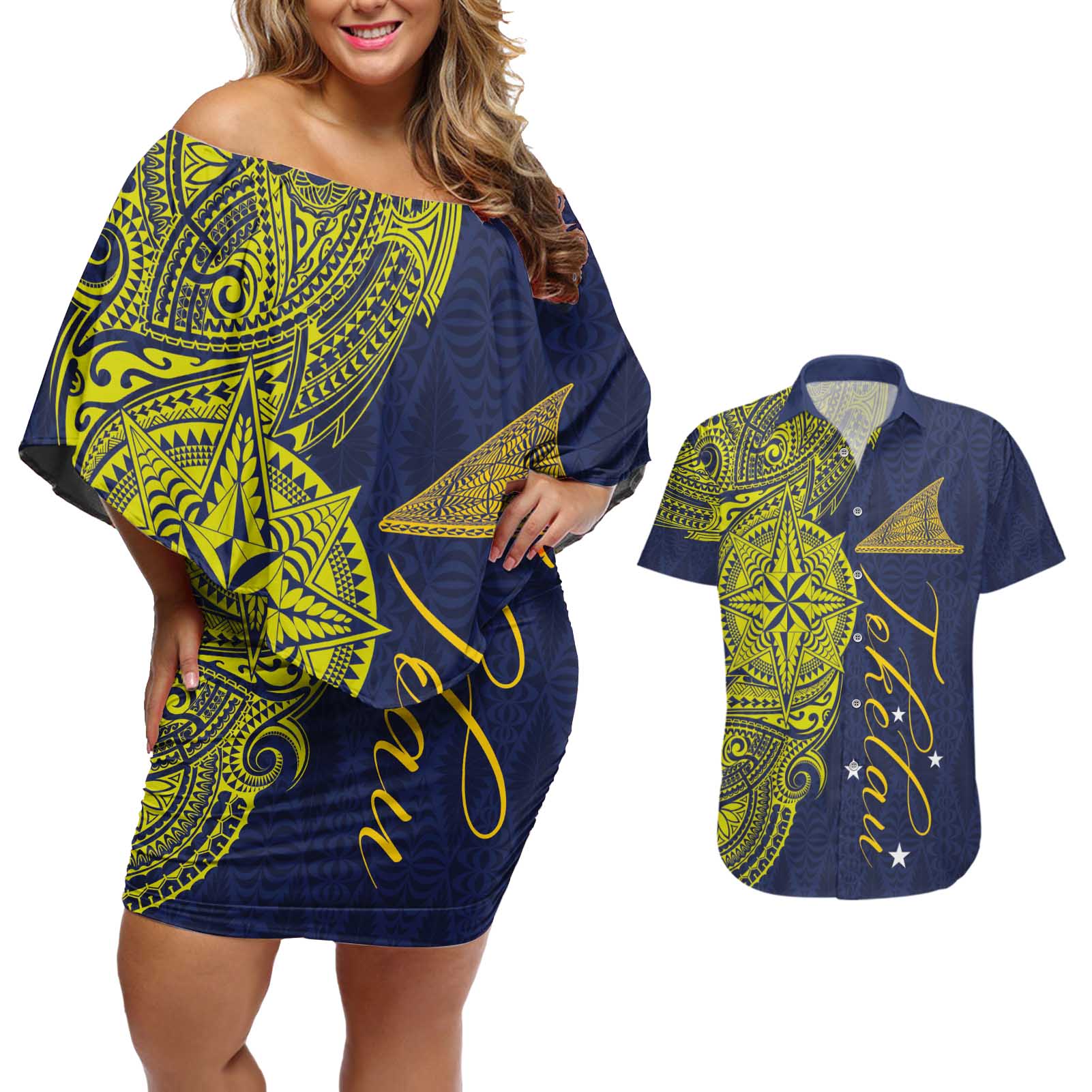 Personalised Tokelau Classic Ngatu Motifs Couples Matching Off Shoulder Short Dress and Hawaiian Shirt