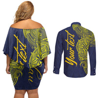 Personalised Tokelau Classic Ngatu Motifs Couples Matching Off Shoulder Short Dress and Long Sleeve Button Shirt LT03 - Polynesian Pride