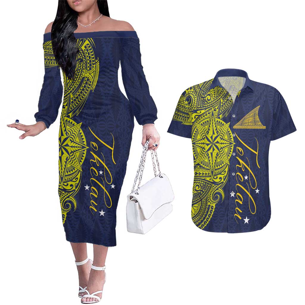 Personalised Tokelau Classic Ngatu Motifs Couples Matching Off The Shoulder Long Sleeve Dress and Hawaiian Shirt