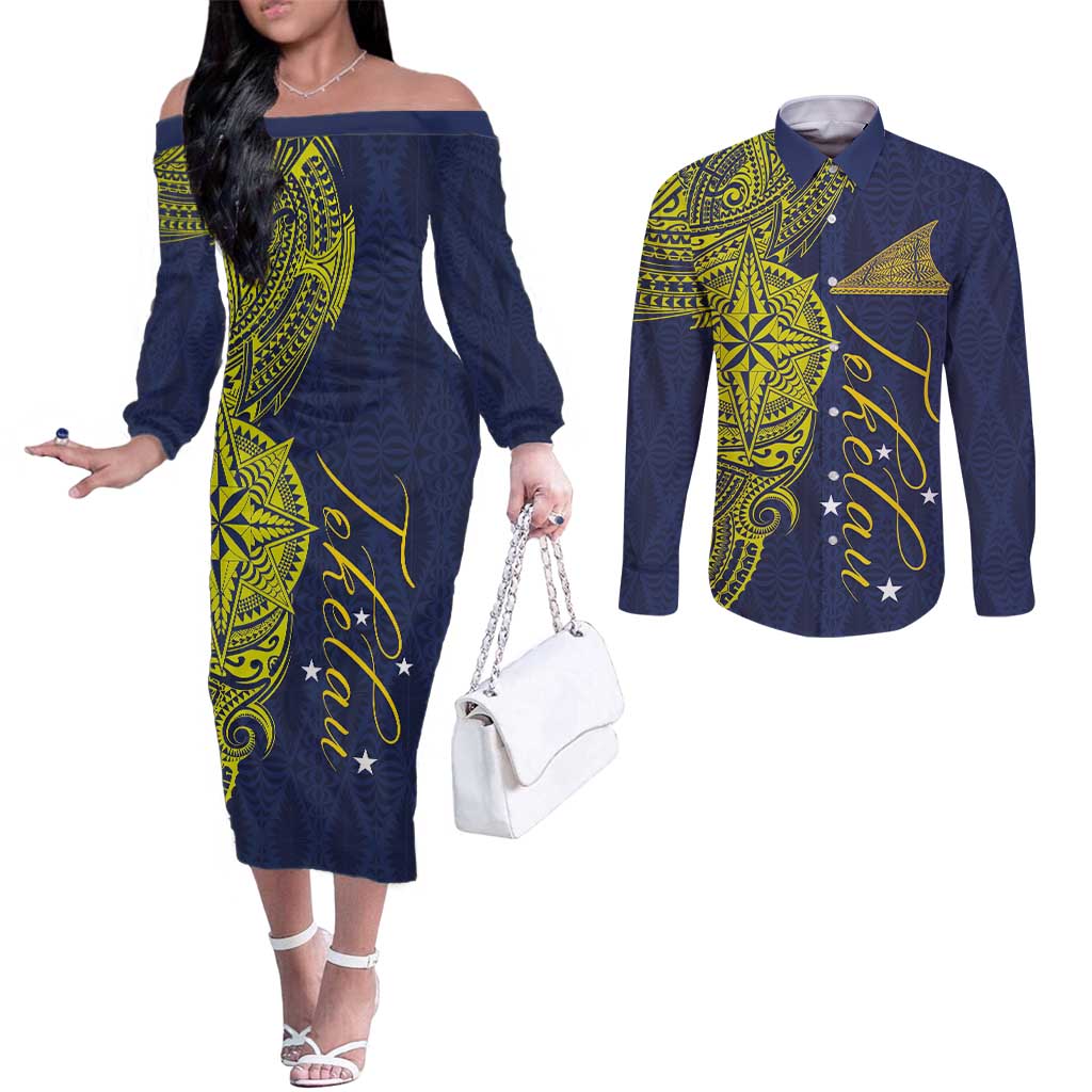 Personalised Tokelau Classic Ngatu Motifs Couples Matching Off The Shoulder Long Sleeve Dress and Long Sleeve Button Shirt