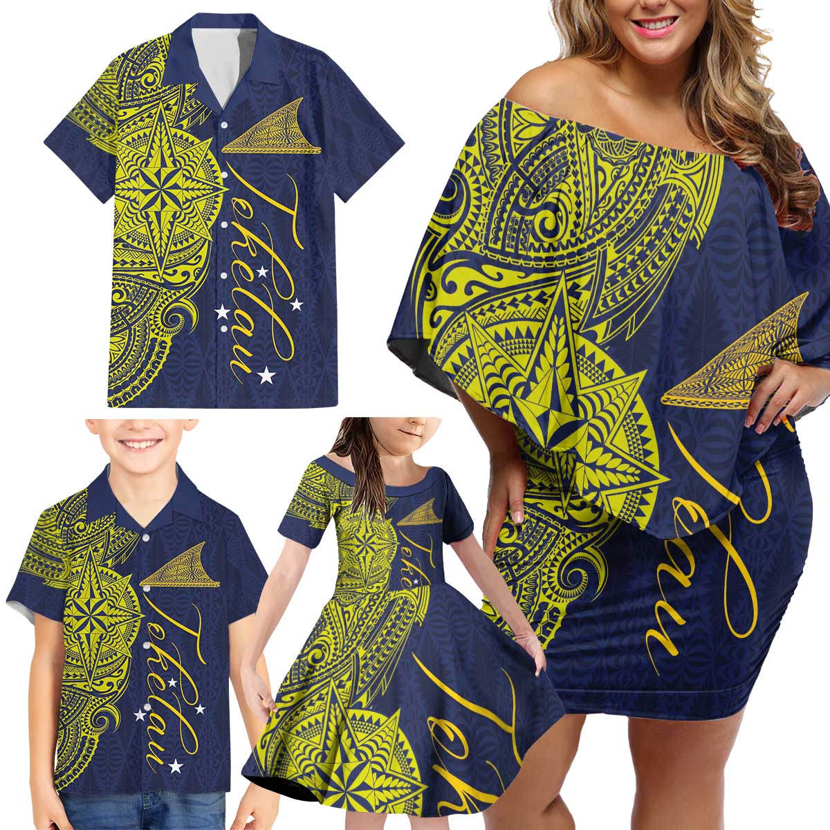 Personalised Tokelau Classic Ngatu Motifs Family Matching Off Shoulder Short Dress and Hawaiian Shirt