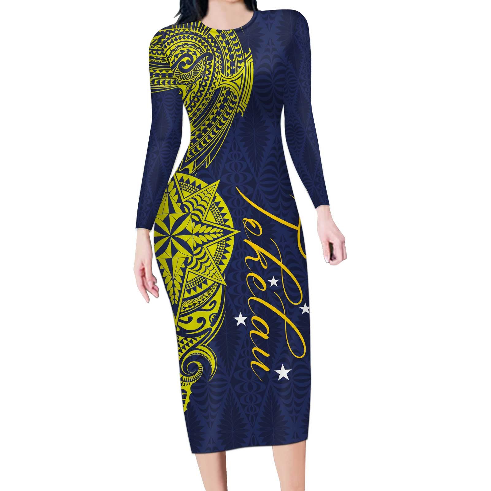 Personalised Tokelau Classic Ngatu Motifs Long Sleeve Bodycon Dress