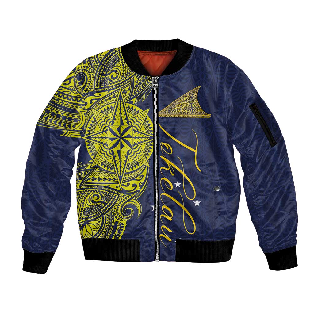 Personalised Tokelau Classic Ngatu Motifs Sleeve Zip Bomber Jacket LT03 Unisex Blue - Polynesian Pride