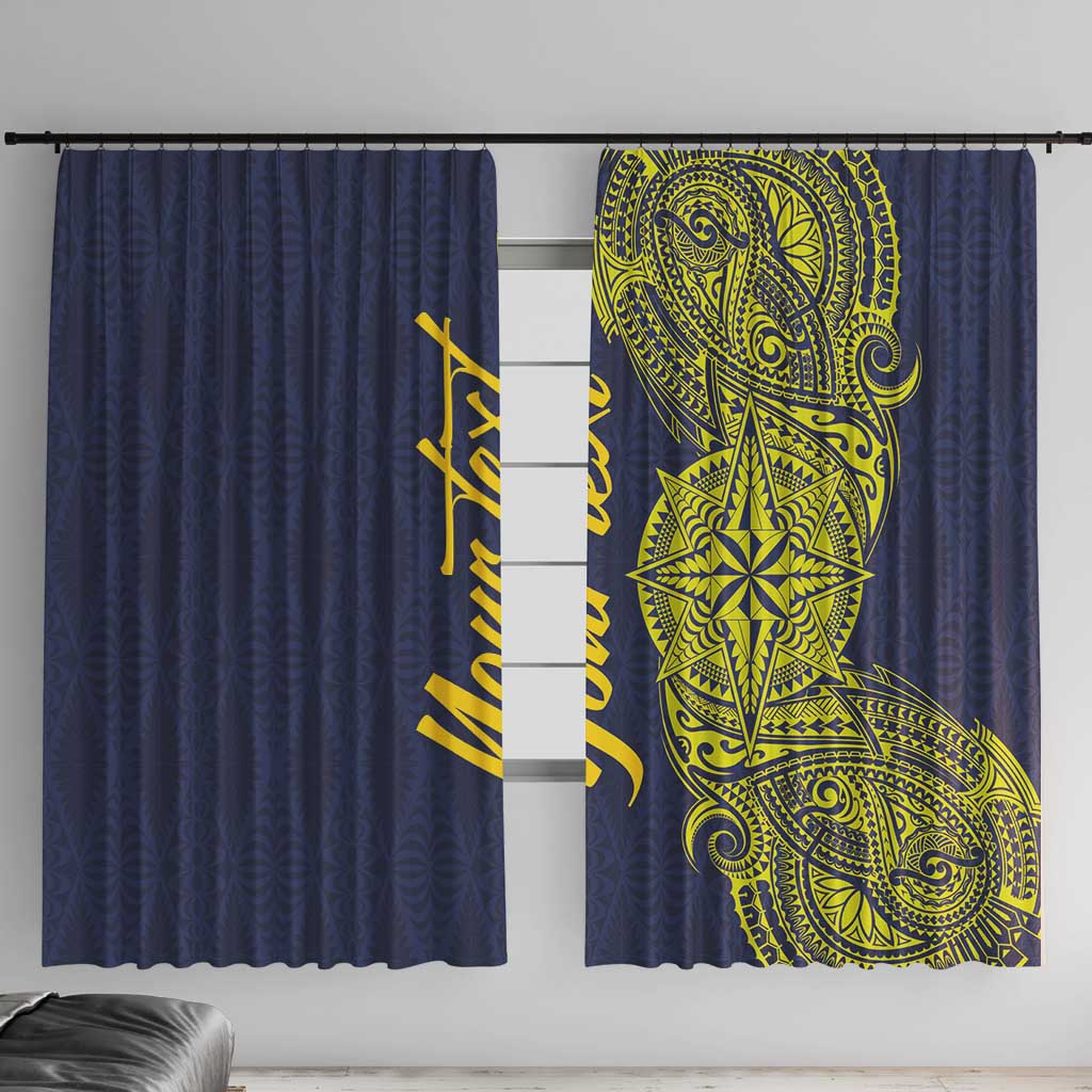 Personalised Tokelau Classic Ngatu Motifs Window Curtain LT03 With Hooks Blue - Polynesian Pride