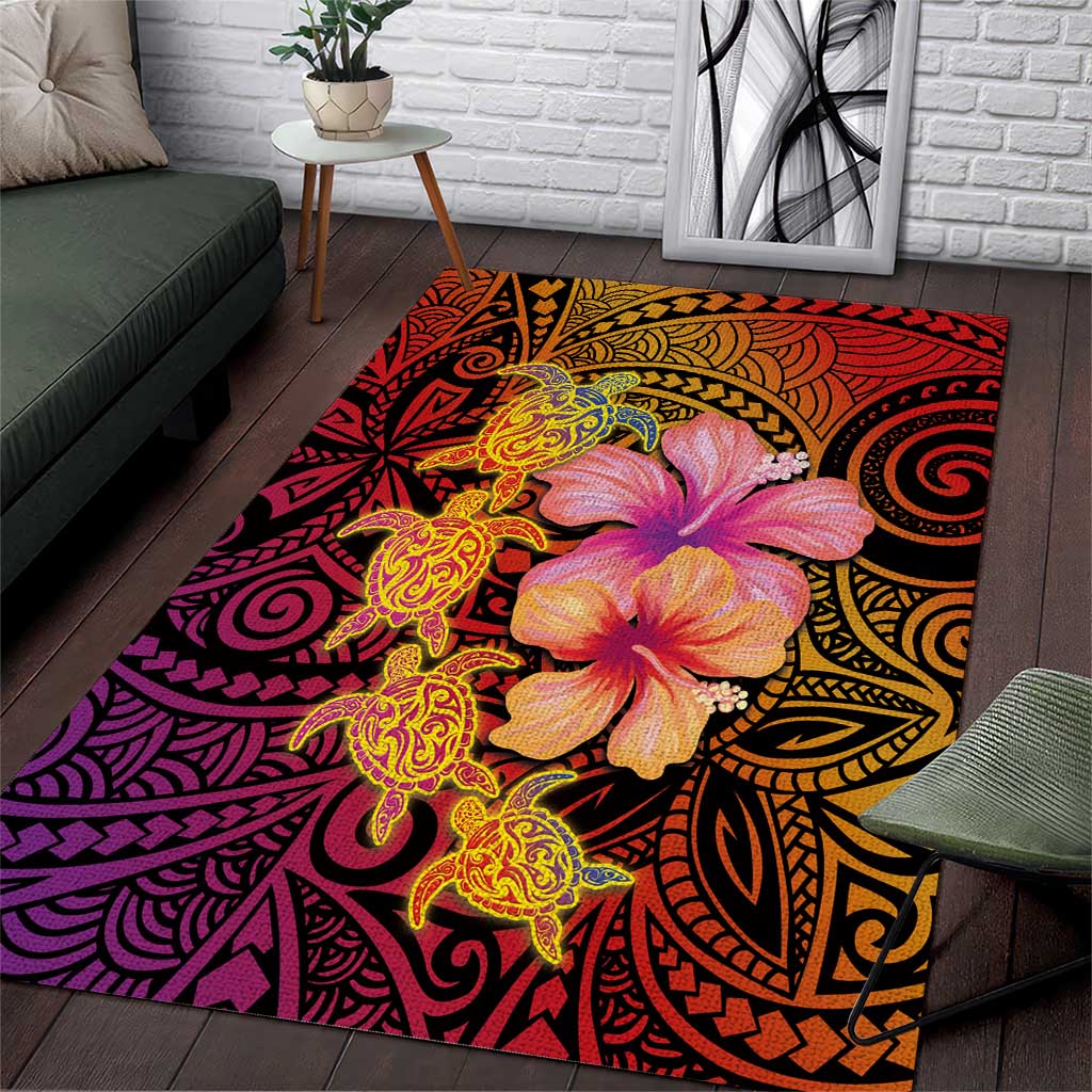 Hawaiian Hibiscus Turtle Tribal Polynesian Pattern Area Rug Colorful Color LT03 Red - Polynesian Pride