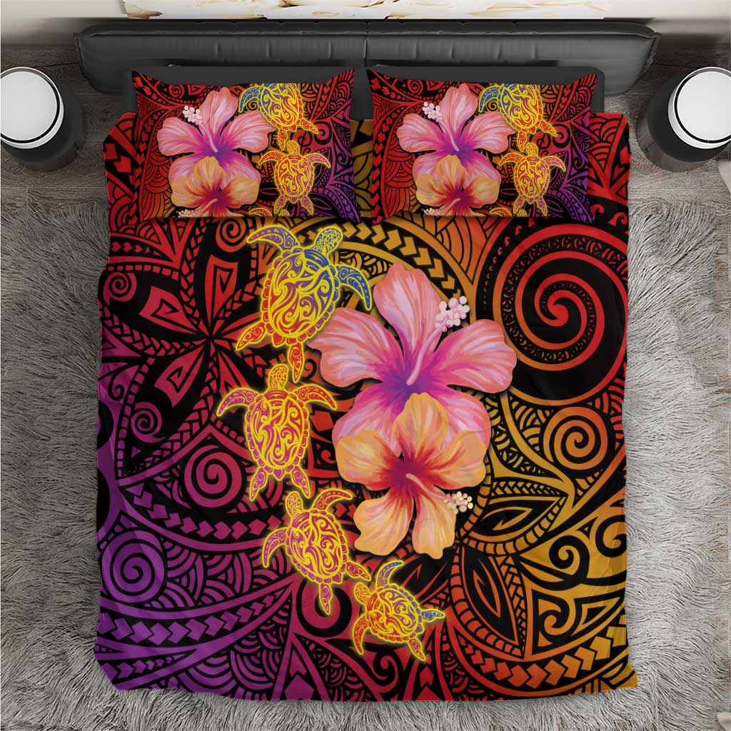 Hawaiian Hibiscus Turtle Tribal Polynesian Pattern Bedding Set Colorful Color