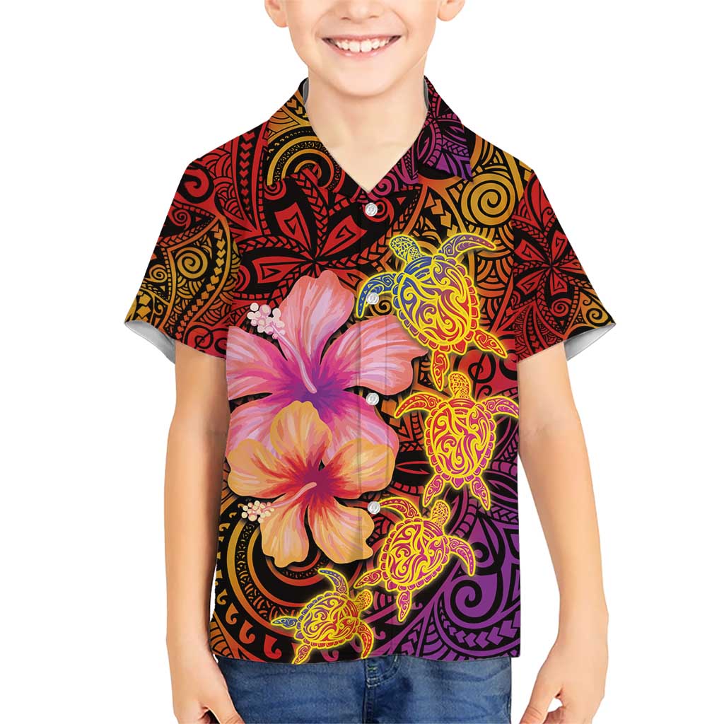 Hawaiian Hibiscus Turtle Tribal Polynesian Pattern Kid Hawaiian Shirt Colorful Color LT03 Kid Red - Polynesian Pride