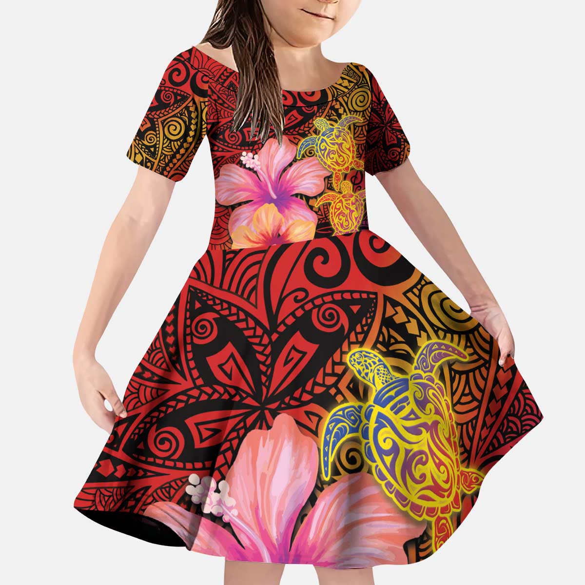 Hawaiian Hibiscus Turtle Tribal Polynesian Pattern Kid Short Sleeve Dress Colorful Color LT03 KID Red - Polynesian Pride
