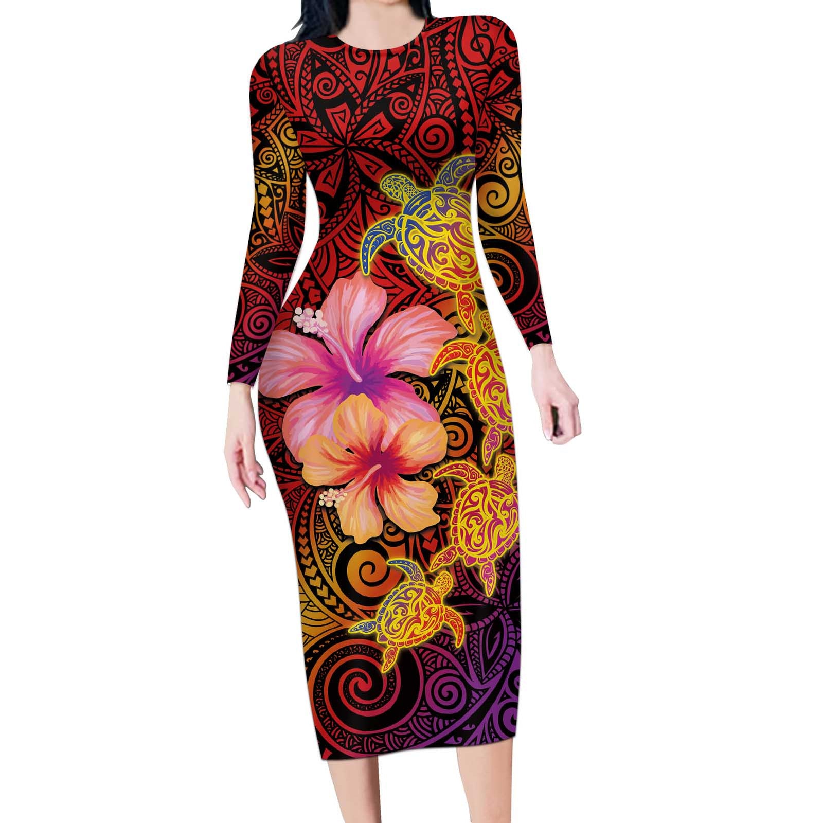 Hawaiian Hibiscus Turtle Tribal Polynesian Pattern Long Sleeve Bodycon Dress Colorful Color LT03 Long Dress Red - Polynesian Pride