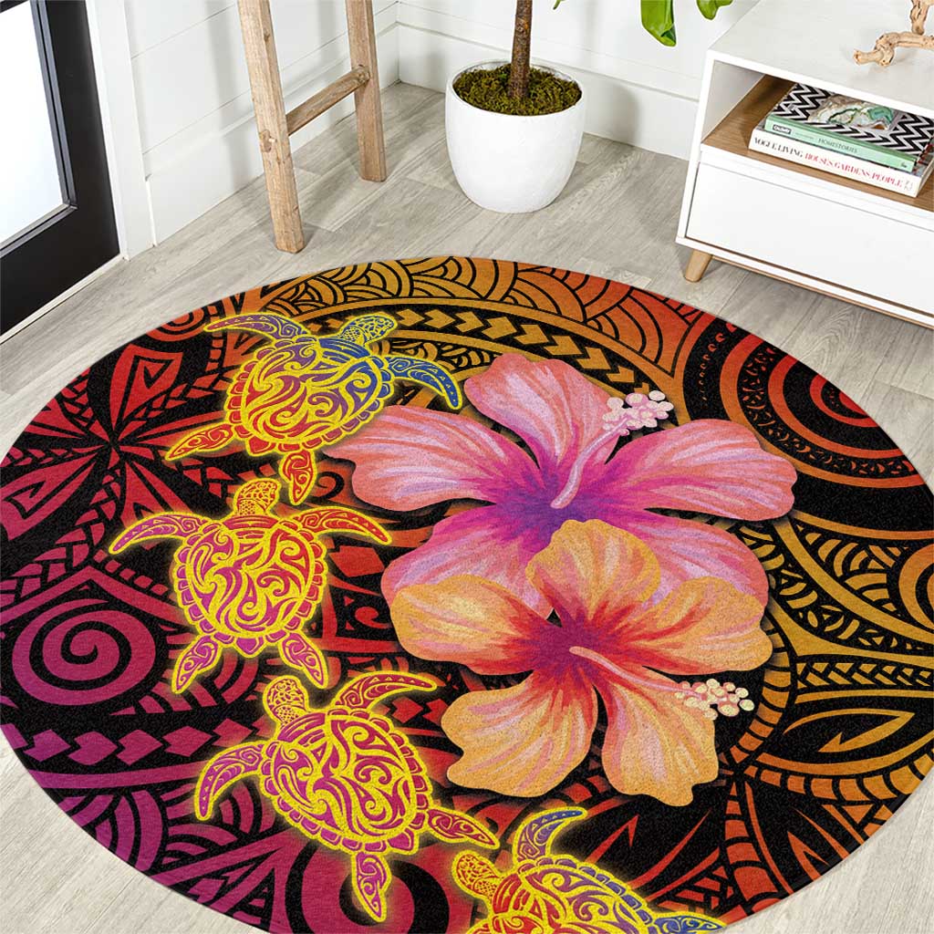 Hawaiian Hibiscus Turtle Tribal Polynesian Pattern Round Carpet Colorful Color LT03 Red - Polynesian Pride