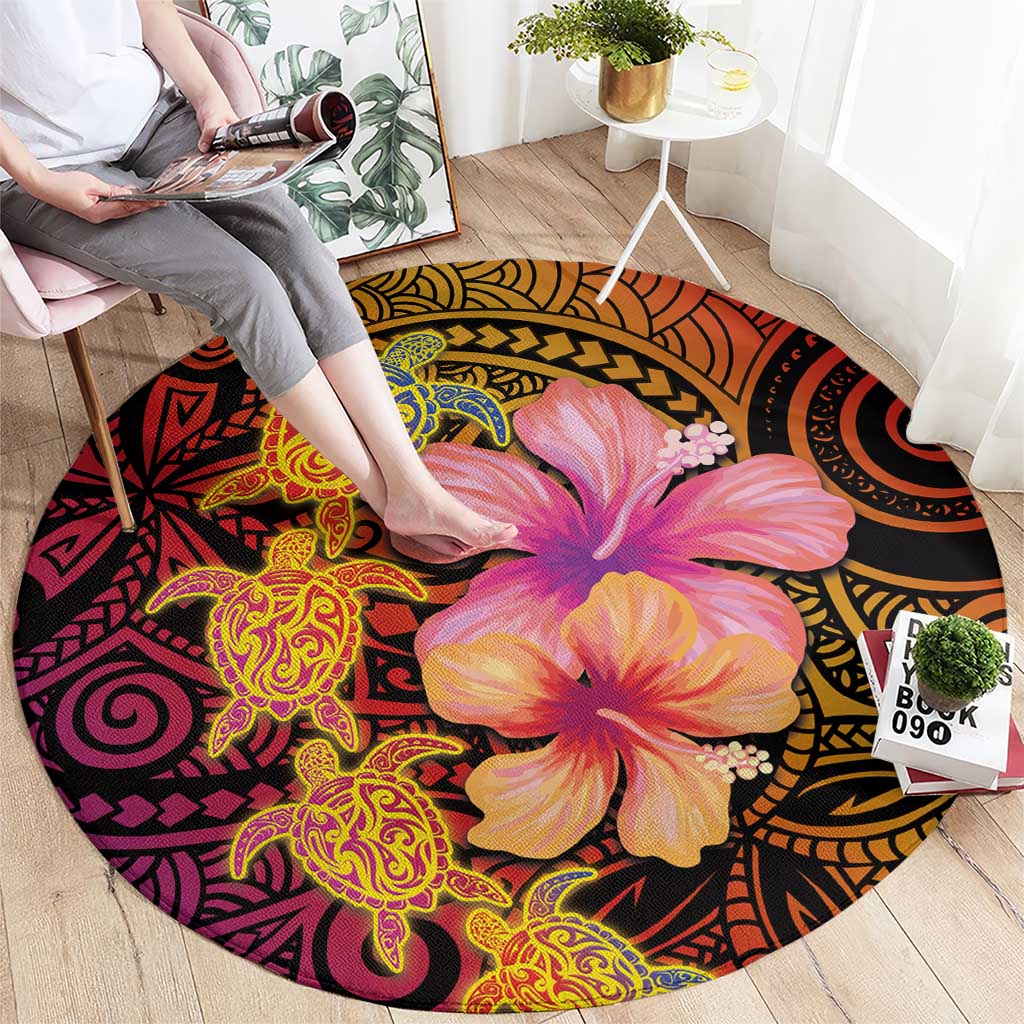Hawaiian Hibiscus Turtle Tribal Polynesian Pattern Round Carpet Colorful Color LT03 - Polynesian Pride