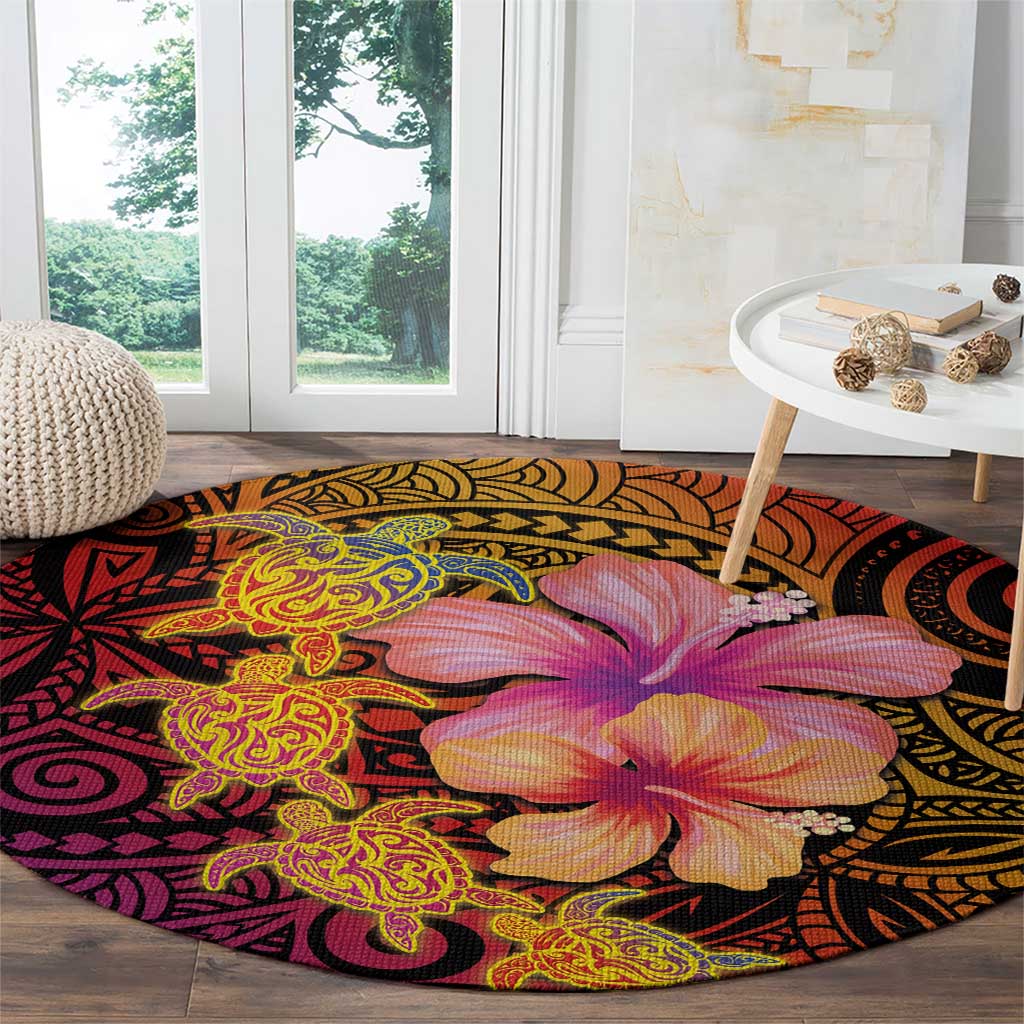 Hawaiian Hibiscus Turtle Tribal Polynesian Pattern Round Carpet Colorful Color LT03 - Polynesian Pride