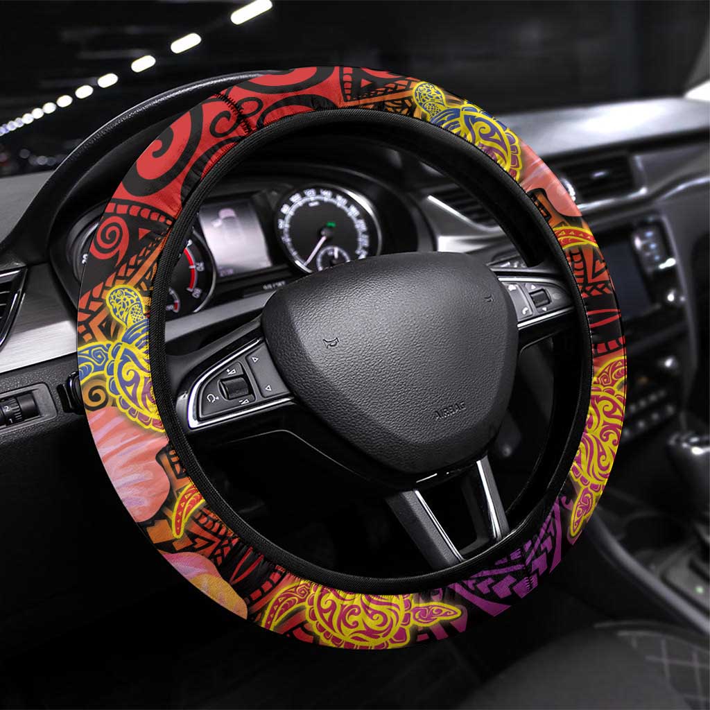 Hawaiian Hibiscus Turtle Tribal Polynesian Pattern Steering Wheel Cover Colorful Color LT03 Universal Fit Red - Polynesian Pride