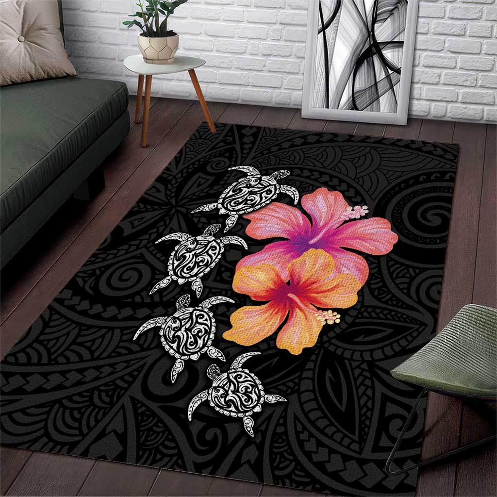 Hawaiian Hibiscus Turtle Tribal Polynesian Pattern Area Rug Black Color LT03 Black - Polynesian Pride