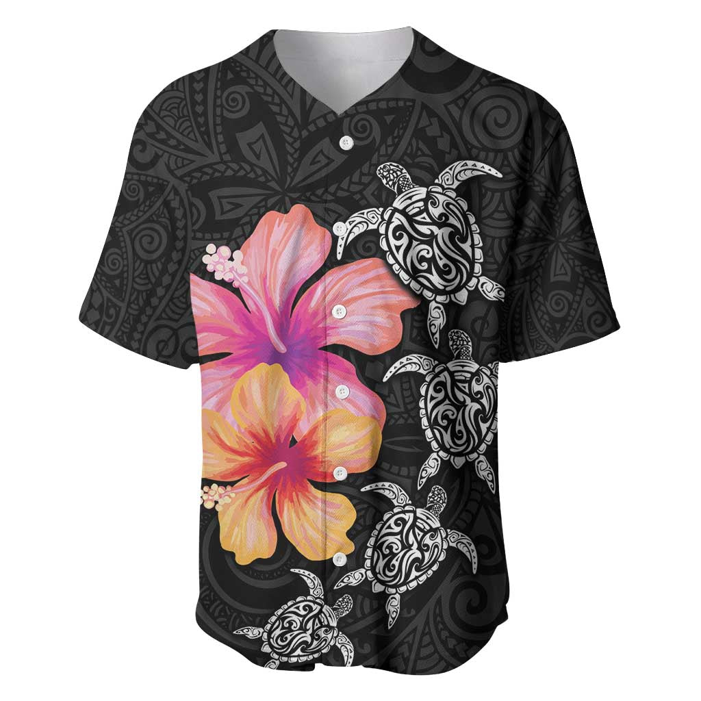Hawaiian Hibiscus Turtle Tribal Polynesian Pattern Baseball Jersey Black Color LT03 Black - Polynesian Pride