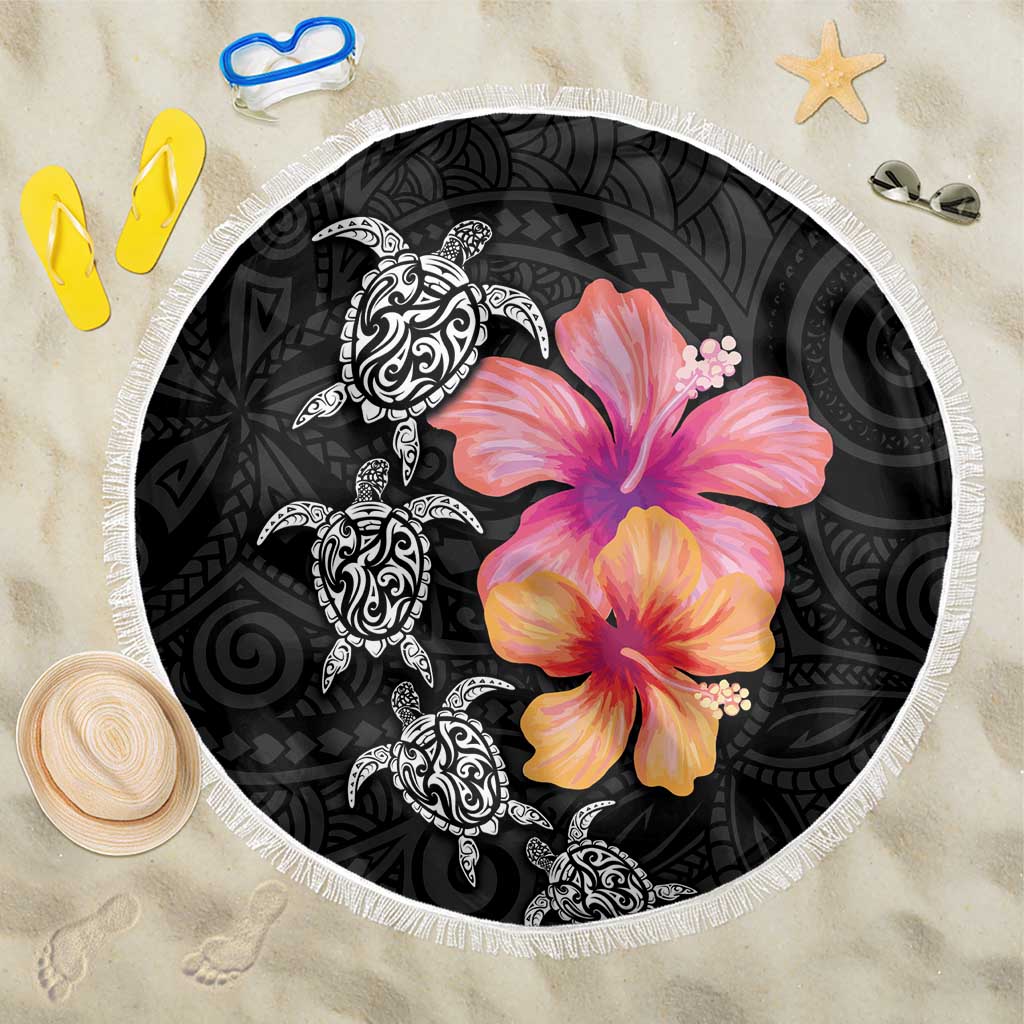 Hawaiian Hibiscus Turtle Tribal Polynesian Pattern Beach Blanket Black Color LT03 One Size 150cm Black - Polynesian Pride