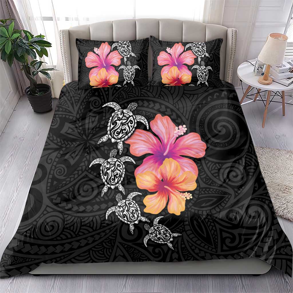 Hawaiian Hibiscus Turtle Tribal Polynesian Pattern Bedding Set Black Color LT03 - Polynesian Pride