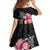 Hawaiian Hibiscus Turtle Tribal Polynesian Pattern Family Matching Off Shoulder Short Dress and Hawaiian Shirt Black Color