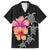 Hawaiian Hibiscus Turtle Tribal Polynesian Pattern Family Matching Off Shoulder Short Dress and Hawaiian Shirt Black Color