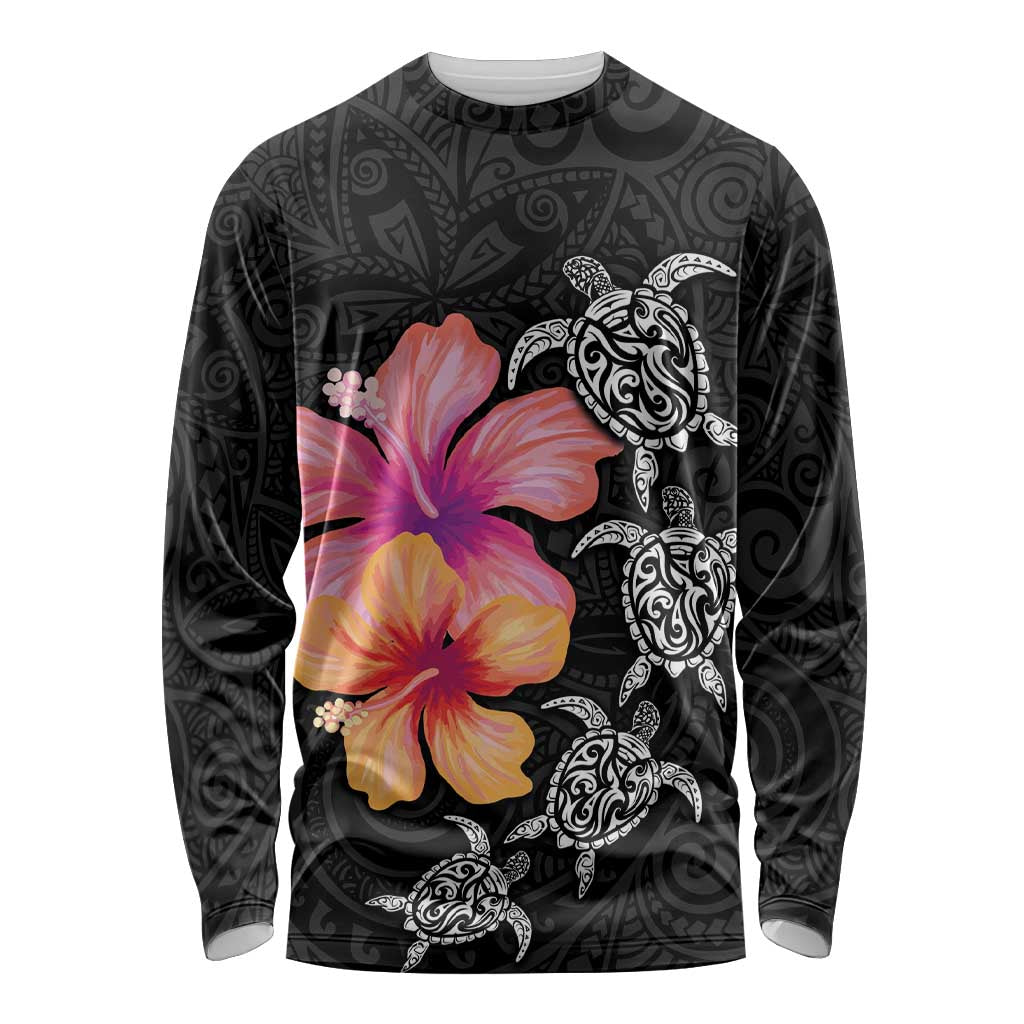 Hawaiian Hibiscus Turtle Tribal Polynesian Pattern Long Sleeve Shirt Black Color LT03 Unisex Black - Polynesian Pride