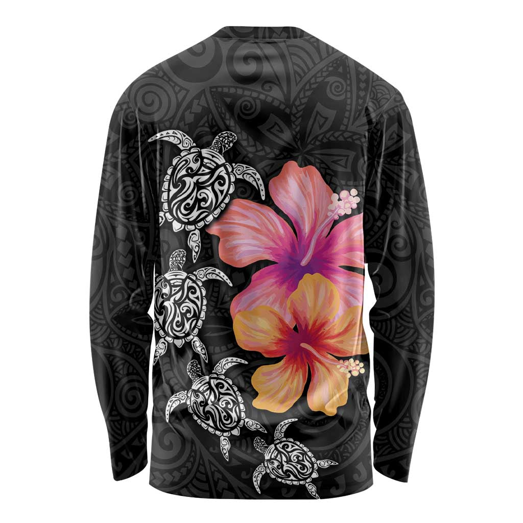 Hawaiian Hibiscus Turtle Tribal Polynesian Pattern Long Sleeve Shirt Black Color LT03 - Polynesian Pride