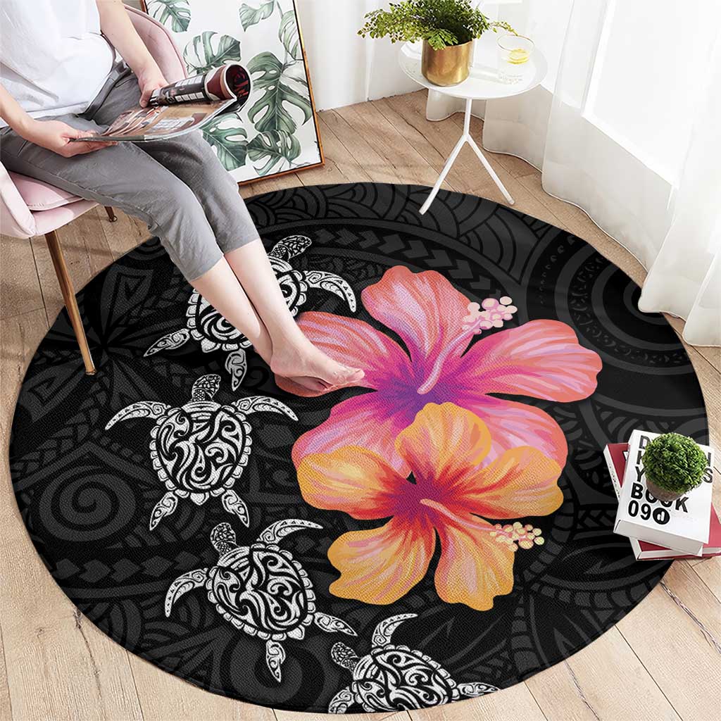 Hawaiian Hibiscus Turtle Tribal Polynesian Pattern Round Carpet Black Color LT03 - Polynesian Pride