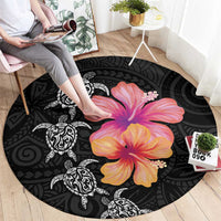 Hawaiian Hibiscus Turtle Tribal Polynesian Pattern Round Carpet Black Color LT03 - Polynesian Pride