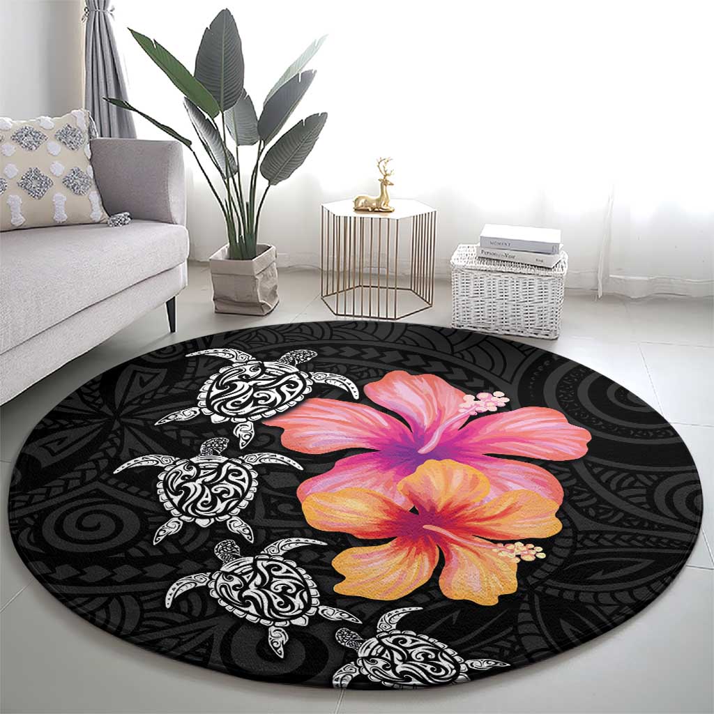 Hawaiian Hibiscus Turtle Tribal Polynesian Pattern Round Carpet Black Color LT03 - Polynesian Pride
