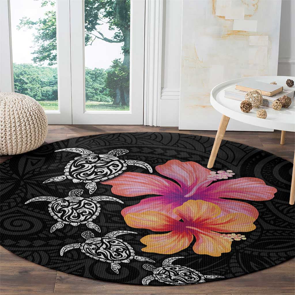 Hawaiian Hibiscus Turtle Tribal Polynesian Pattern Round Carpet Black Color LT03 - Polynesian Pride