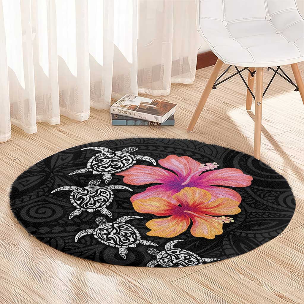 Hawaiian Hibiscus Turtle Tribal Polynesian Pattern Round Carpet Black Color LT03 - Polynesian Pride