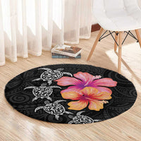 Hawaiian Hibiscus Turtle Tribal Polynesian Pattern Round Carpet Black Color LT03 - Polynesian Pride