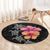 Hawaiian Hibiscus Turtle Tribal Polynesian Pattern Round Carpet Black Color