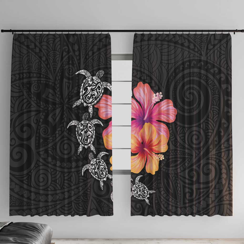 Hawaiian Hibiscus Turtle Tribal Polynesian Pattern Window Curtain Black Color LT03 With Hooks Black - Polynesian Pride
