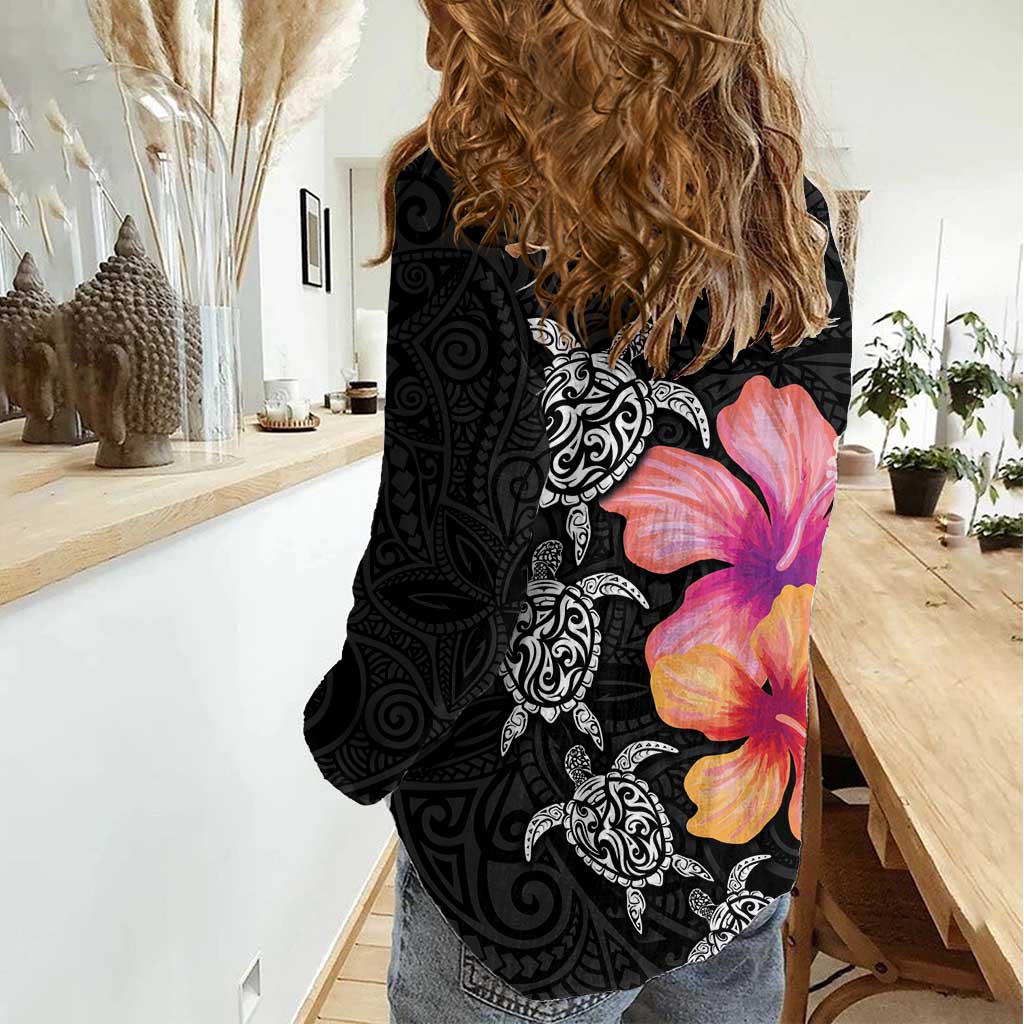 Hawaiian Hibiscus Turtle Tribal Polynesian Pattern Women Casual Shirt Black Color LT03 - Polynesian Pride