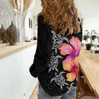 Hawaiian Hibiscus Turtle Tribal Polynesian Pattern Women Casual Shirt Black Color LT03 - Polynesian Pride