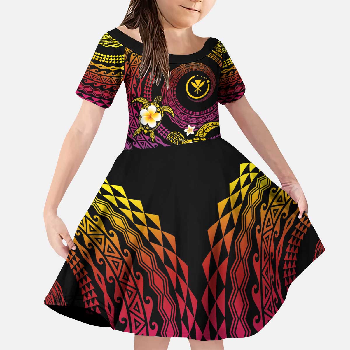 Hawaiian Plumeria Turtle Tribal Spiral Polynesian Tattoo Kid Short Sleeve Dress Fanciful Color LT03 KID Gradient - Polynesian Pride