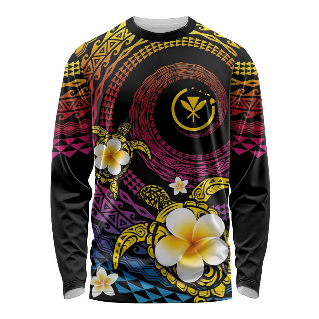 Hawaiian Plumeria Turtle Tribal Spiral Polynesian Tattoo Long Sleeve Shirt Fanciful Color LT03 Unisex Gradient - Polynesian Pride