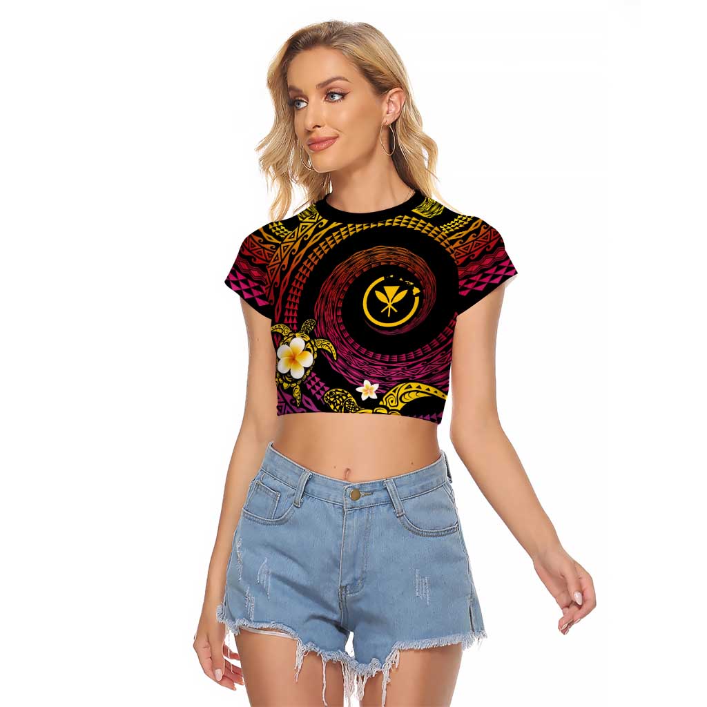 Hawaiian Plumeria Turtle Tribal Spiral Polynesian Tattoo Raglan Cropped T Shirt Fanciful Color LT03 Female Gradient - Polynesian Pride