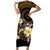 Hawaiian Plumeria Turtle Tribal Spiral Polynesian Tattoo Family Matching Short Sleeve Bodycon Dress and Hawaiian Shirt Gold Color