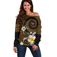 Hawaiian Plumeria Turtle Tribal Spiral Polynesian Tattoo Off Shoulder Sweater Gold Color LT03 Women Gold - Polynesian Pride