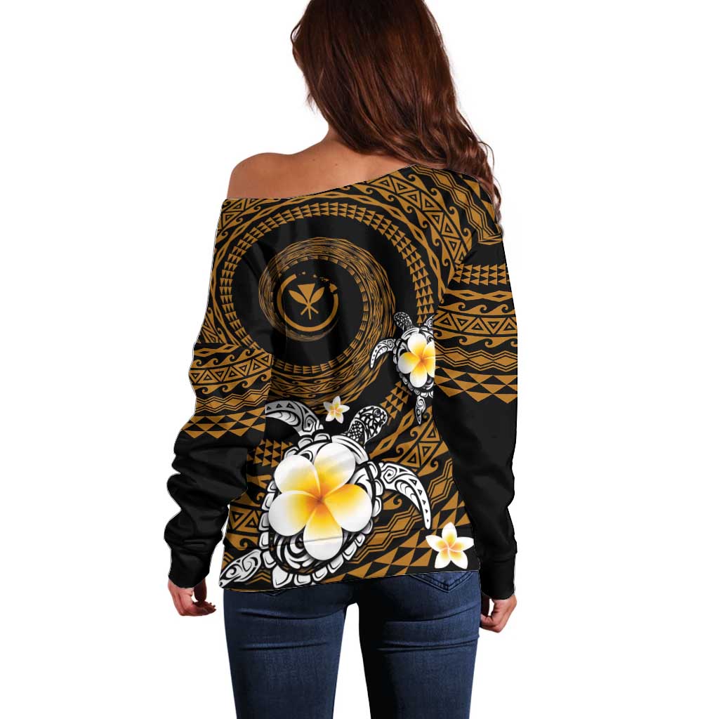 Hawaiian Plumeria Turtle Tribal Spiral Polynesian Tattoo Off Shoulder Sweater Gold Color LT03 - Polynesian Pride