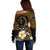 Hawaiian Plumeria Turtle Tribal Spiral Polynesian Tattoo Off Shoulder Sweater Gold Color