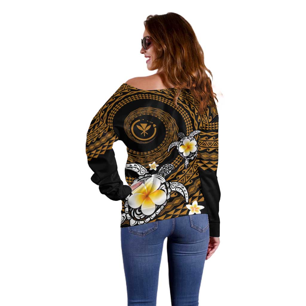 Hawaiian Plumeria Turtle Tribal Spiral Polynesian Tattoo Off Shoulder Sweater Gold Color LT03 - Polynesian Pride