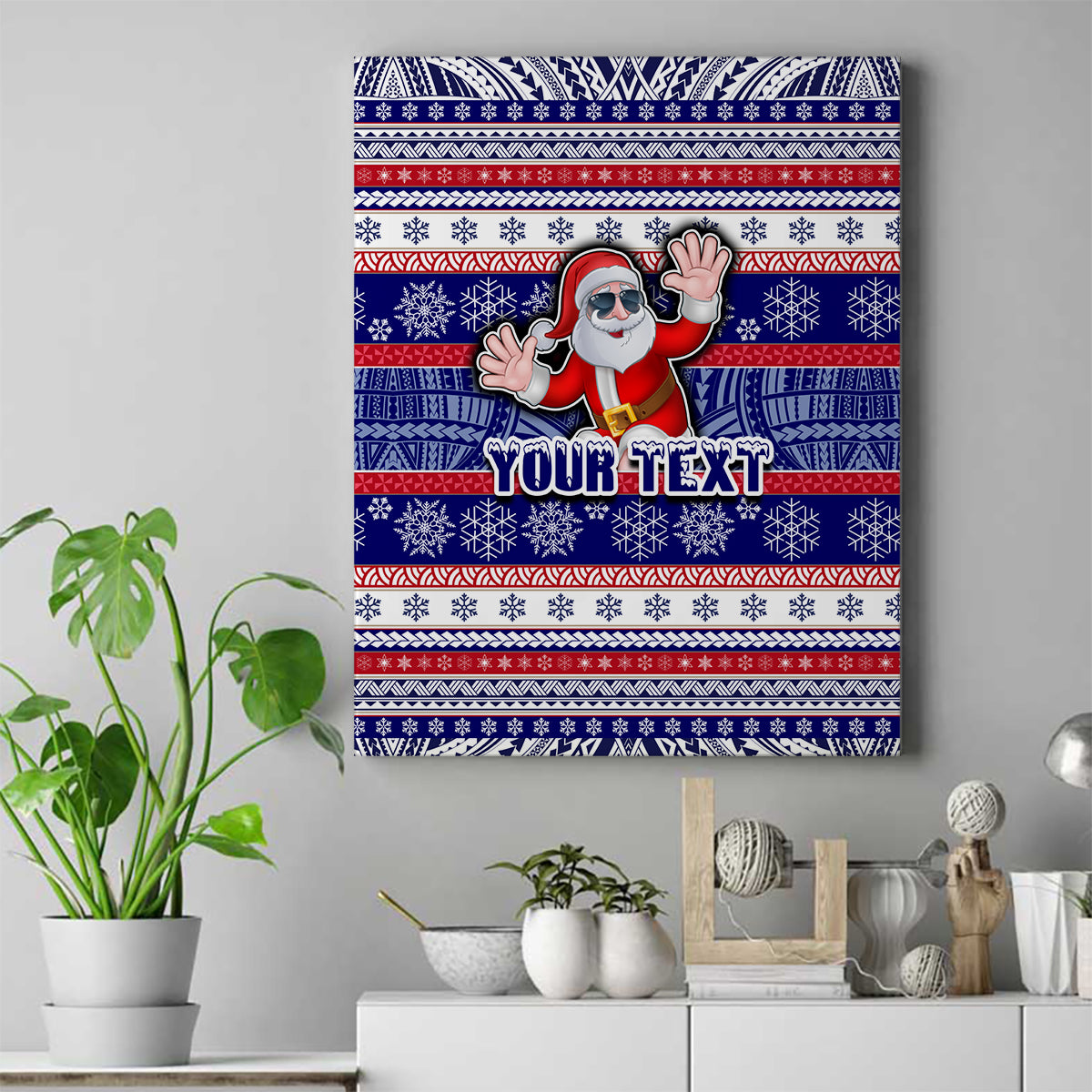 Custom American Samoa Christmas Canvas Wall Art Samoan Coat of Arms and Cool Santa Ornament Style LT03 Blue - Polynesian Pride