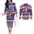 Custom American Samoa Christmas Couples Matching Off The Shoulder Long Sleeve Dress and Long Sleeve Button Shirts Samoan Coat of Arms and Cool Santa Ornament Style LT03 Blue - Polynesian Pride