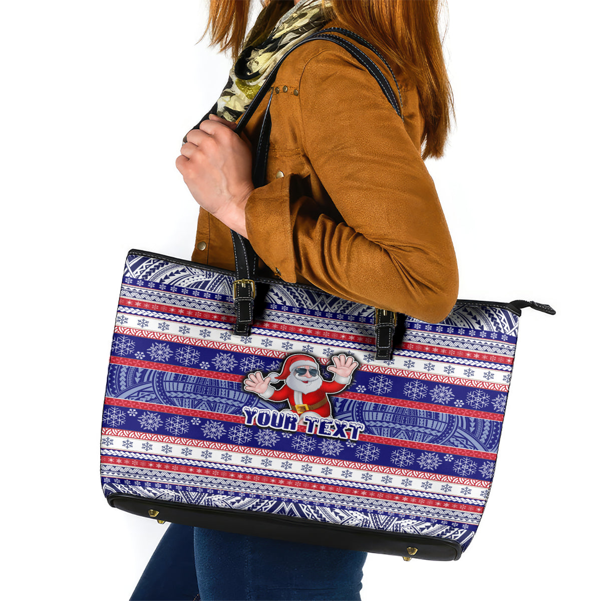 Custom American Samoa Christmas Leather Tote Bag Samoan Coat of Arms and Cool Santa Ornament Style LT03 Blue - Polynesian Pride