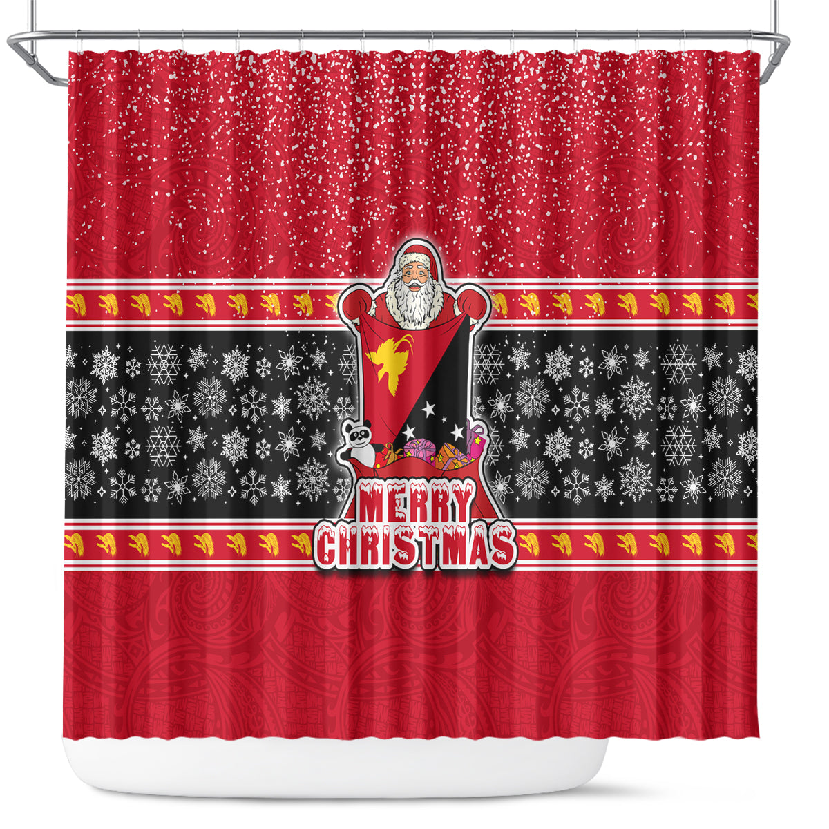 Papua New Guinea Christmas Shower Curtain Santa With Flag Of PNG Polynesian Tribal Xmas Vibe LT03 Red - Polynesian Pride